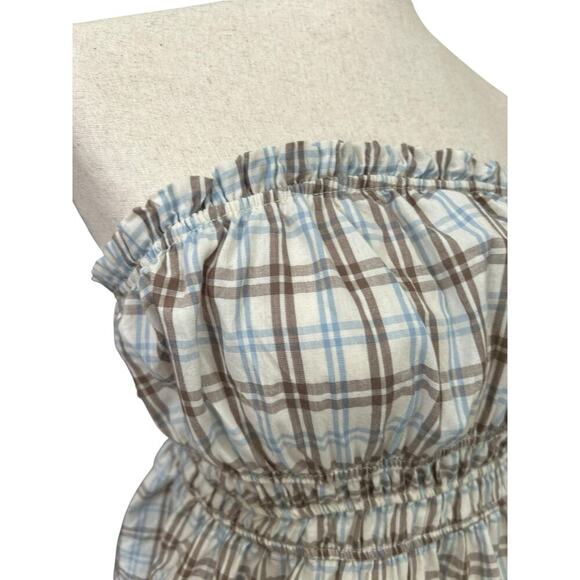 Haute Monde Boho Blue Plaid Strappless Smocked Cropped Peplum XL Cottagecore - Picture 5 of 7
